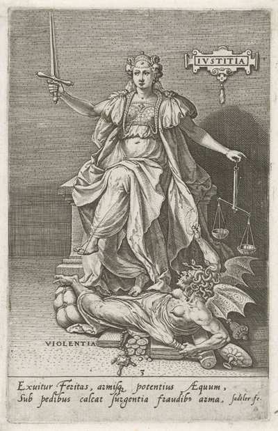 正義 (Justitia) は暴力 (Violentia) に打ち勝つ 正義 (オブジェクトのタイトル) 美徳は悪徳に打ち勝つ（シリーズタイトル） 作： Johann Sadeler (I)