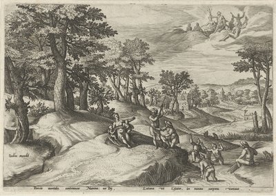 レト (ラトーナ) はリュキア人をカエルに変えます 神話の情景（連載タイトル） 作： Johann Sadeler (I)