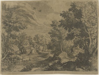 手漕ぎボートのある川の風景 作： Johann Sadeler (I)