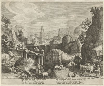 ロバとイノシシの寓話のある岩場の風景 風景の中のエンブレム (シリーズ タイトル) 作： Johann Sadeler (I)