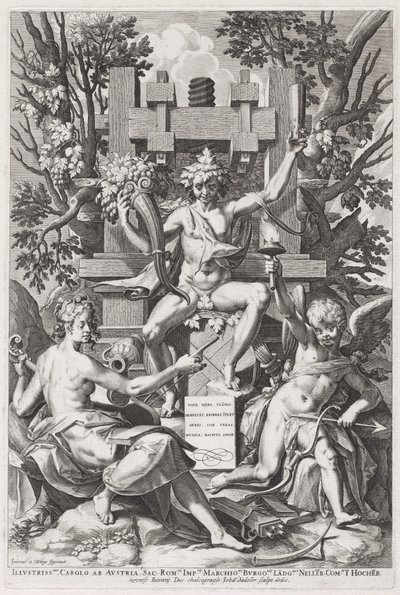 アモールと音楽の間で樽の上に座るバッカス 1590年頃 作： Johann Sadeler I