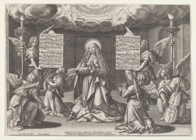 Magnificat：音楽を作る天使に囲まれた聖母、1585。 作： Johann Sadeler I