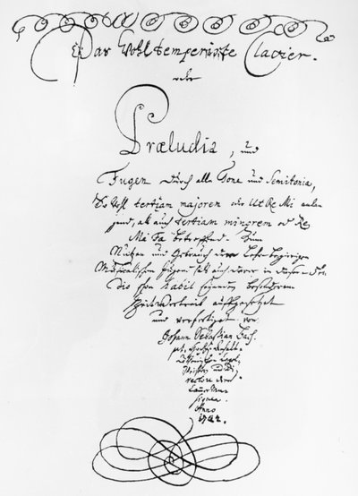 よく調律されたピアノの手書きのタイトルページ、1722（紙にペンとインク） 作： Johann Sebastian Bach