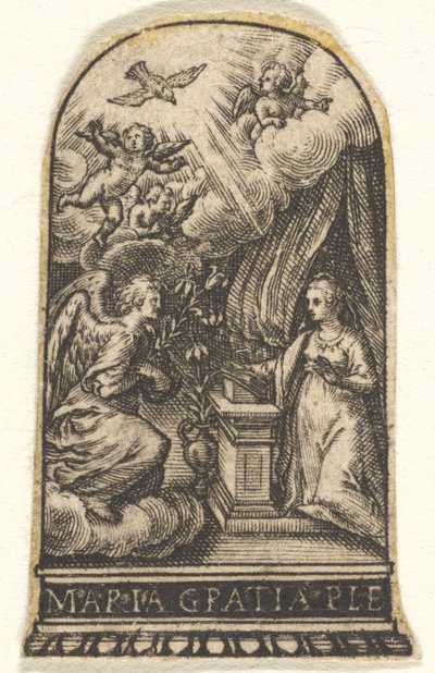 受胎告知、メアリーは演壇でひざまずき、ガブリエルは...、ca。 1580-1600。 作： Johann Theodor de Bry