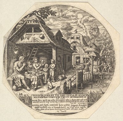 エノクと彼の家族は食事のテーブルを囲み、ジェスチャーで手をつないでいます。 1580-1623。 作： Johann Theodor de Bry