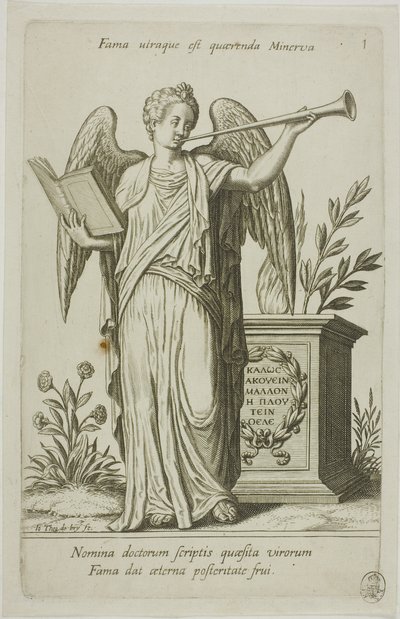 名声、パルナッソス上腕二頭筋からのプレート 1 作： Johann Theodor de Bry