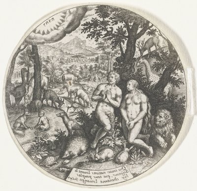 神は楽園でアダムとイブに語りかけます 作： Johann Theodor de Bry