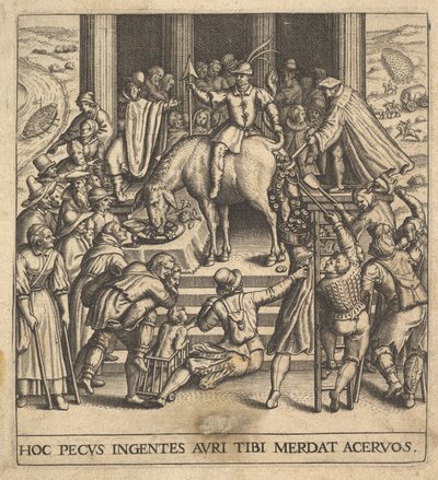 ラバの後部から落下する糞を収集する男性、ライダーが座る...、1592-1614。 作： Johann Theodor de Bry
