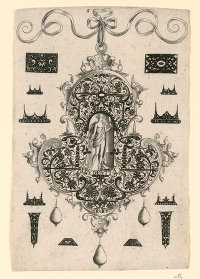 プレート 5、枢機卿の美徳を備えた 8 つのペンダント デザインのシリーズから 作： Johann Theodor de Bry