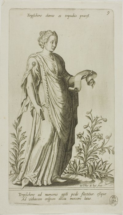 Terpsichore、Muse of Dance、Parnassus Biceps のプレート 9 作： Johann Theodor de Bry