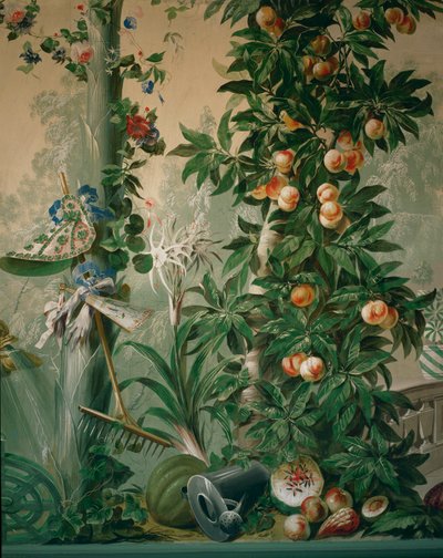庭園の風景、果物の木、庭師の帽子、手袋、熊手。 作： Johann Wenzel Bergl