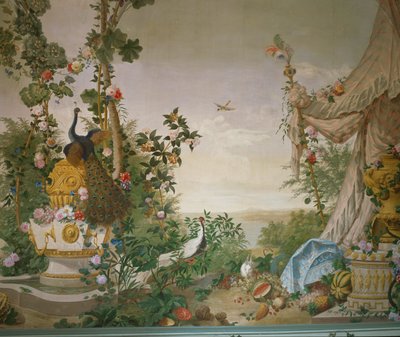 シェーンブルン宮殿の庭園の間にある孔雀とテントのある庭園の風景。 作： Johann Wenzel Bergl