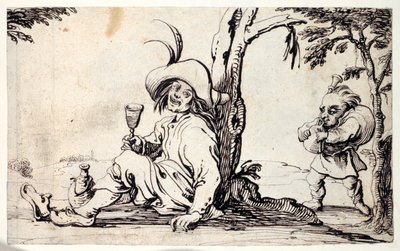 座ってリフレッシュしている田舎者とバグパイプを持った小人（紙にペン＆インク 作： Johann Wilhelm Baur