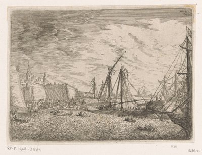 城壁の前に帆船とガレー船がある港の景色 ハーバー ビュー (シリーズ タイトル) 作： Johann Wilhelm Baur