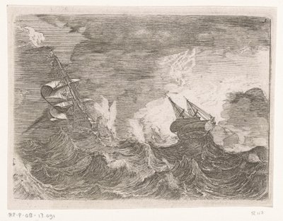 嵐の中、海上で 5 隻の帆船 嵐の船（シリーズタイトル） 作： Johann Wilhelm Baur