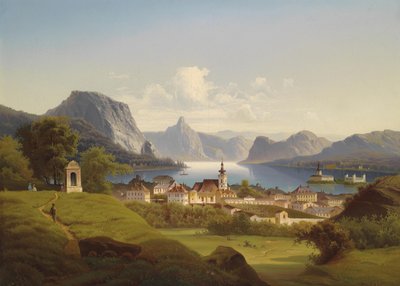 シュロス オルトを背景にしたグムンデンの眺め、1870 年 作： Johann Wilhelm Jankowski
