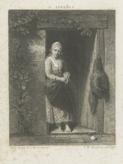 編み物を持つ若い女性 作： Johann Wilhelm Kaiser (I)