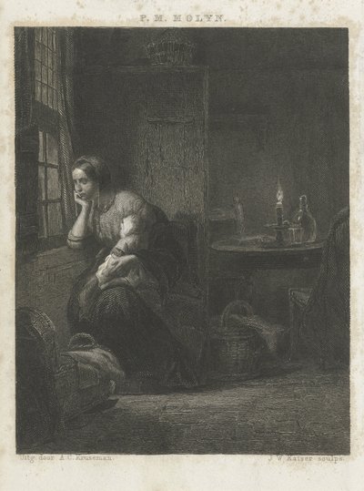 窓辺で子供を持つ女性 作： Johann Wilhelm Kaiser (I)
