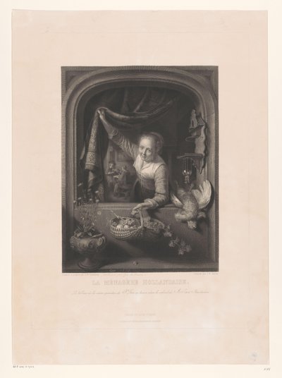 窓の近くで手に果物のバスケットを持つ女性 La ménagerè Hollandaise (オブジェクトのタイトル) 作： Johann Wilhelm Kaiser (I)