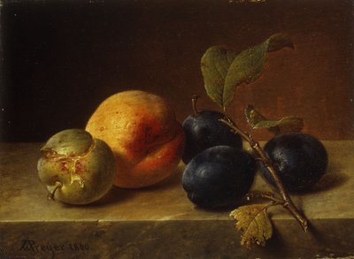 大理石の棚にある桃と梅、1860 作： Johann Wilhelm Preyer