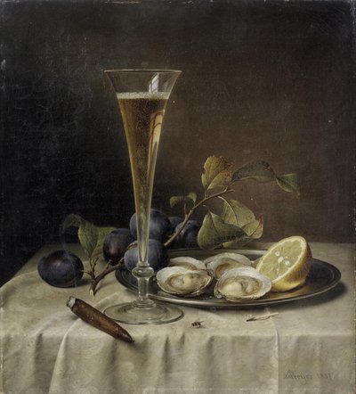 シャンパンとカキのある静物、1857年。 作： Johann Wilhelm Preyer