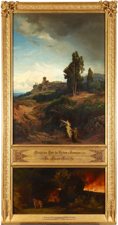 Abrahams Bitte für Sodom (oben). Die Flucht Lots (unten). Aus dem Zyklus "Zwölf biblische Landschaften mit der Geschichte Abrahams" 作： ヨハン・ヴィルヘルム・シルマー