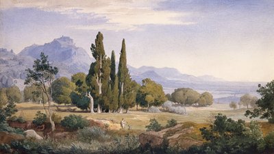 アルカディアの風景 (鉛筆と水彩) 作： Johann Wilhelm Schirmer