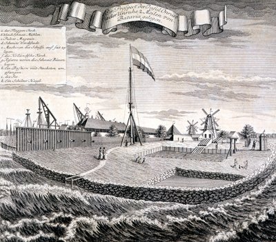パブ、バタビアから 2 マイルの島にあるオランダ東インド会社の木材または製材所。 1744年。 作： Johann Wolfgang Heydt
