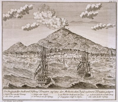 モルッカ、海岸、オランダ東インド会社で「テルナテ」と呼ばれる島は、1730年代に船で送られました。1744年に出版されたバタビアの「シャウプラッツフォンアフリカウントインディエン」の一連の眺めから、 作： Johann Wolfgang Heydt