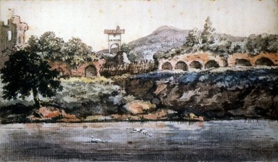 ローマ-テベレ川の眺め、ゲーテの水彩画。19世紀 作： Johann Wolfgang von Goethe