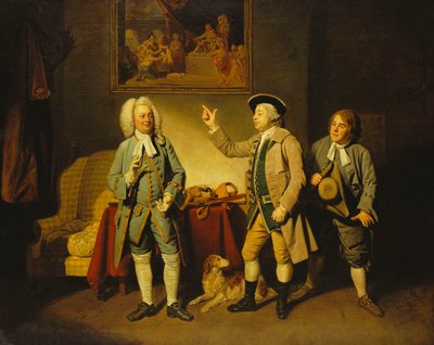 Isaac Bickerstaffeの「Love in a Village」の第1幕、シーン2、Justice WoodcockはEdward Shuter、HawthornはJohn Beard、HodgeはJohn Dunstallです。 作： Johan Joseph Zoffany