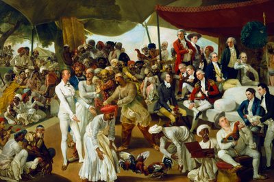 1790年、インドのラクナウで雄鶏の戦いを見ているモルダント大佐 作： Johan Joseph Zoffany