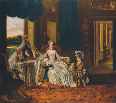 プリンセスとデュークが仮装をしたドレッシングルームのクイーンシャーロット、c1766、1948 作： Johan Joseph Zoffany