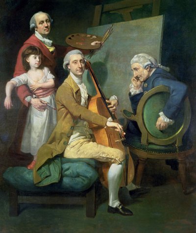 娘のマリア・テレジア（？）とおそらくジャコブとジェームズ・セルベット（？）との自画像1779年頃（キャンバスに油彩） 作： Johann Zoffany