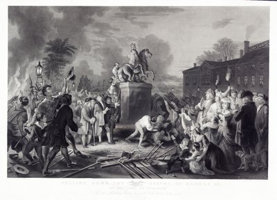 1776年7月、ニューヨーク市のボウリンググリーンにあるパブの息子の自由によるジョージ3世の像の引き下げ。 1875 作： Johannes Adam Simon after Oertel