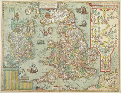 1606 年に描かれたイングランドとアイルランドの地図 (カラー彫刻) 作： Johannes Baptista Vrints