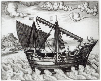 チャイニーズジャンク、「Jan Huyghen van Linschoten、東西インド諸島への航海談話」の挿絵、1579年-92年 作： Johannes Baptista van Doetechum the Younger
