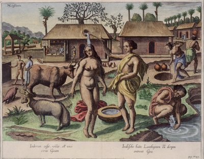 ゴアでの生活、「Jan Huyghen van Linschoten、彼の東西インド諸島への航海の談話」、1579〜92年の図（カラー彫刻） 作： Johannes Baptista van Doetechum the Younger
