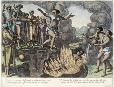 サティ、「Jan Huyghen van Linschoten、彼の東西インド諸島への航海の談話」からのイラスト、1579-92（カラー彫刻） 作： Johannes Baptista van Doetechum the Younger