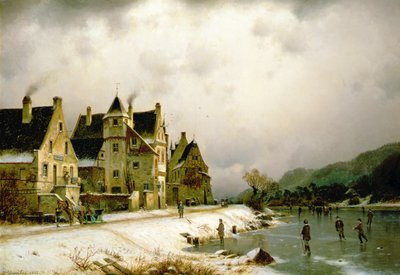 村の氷の上でフィギュアスケートをしている冬の川の風景（キャンバスに油彩） 作： Johannes Bartolomaus Duntze