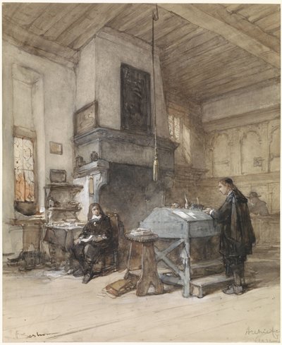 17 世紀の衣装を着た人物を含む Veere のアーカイブ 作： Johannes Bosboom