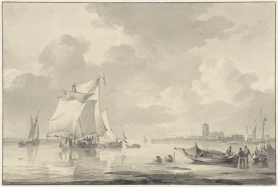 遠くの都市を背景に、数隻の船が見える川の景色 作： Johannes Christiaan Schotel