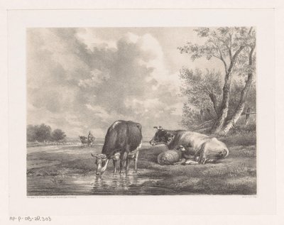 水辺の 2 頭の牛と羊 作： Johannes Christiaan d