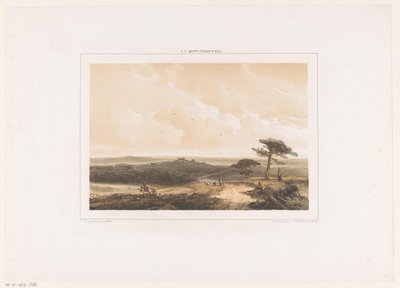 ハイカーと羊飼いの群れを休んでいるヒースの風景 作： Johannes Franciscus Hoppenbrouwers