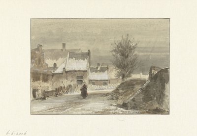 氷の上に立っている女性と冬景色 作： Johannes Franciscus Hoppenbrouwers