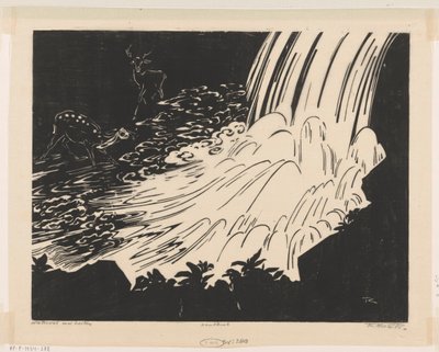 鹿と滝 (オブジェクトの元のタイトル) 作： Johannes Frederik Engelbert ten Klooster (signed by artist)
