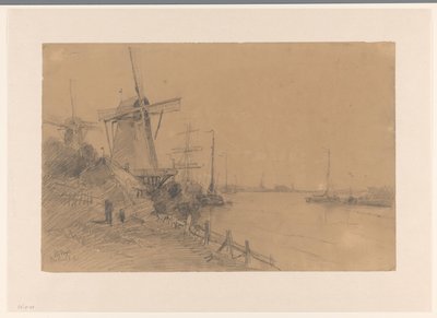 船で川沿いのドルドレヒト近くのミルズ 作： Johannes Gijsbert Vogel