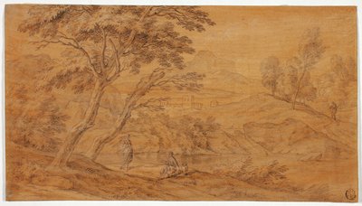 小川のほとりの人物のいる風景 作： Johannes Glauber