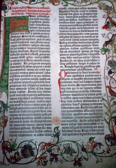 グーテンベルク聖書のページ、15 世紀 作： Johannes Gutenberg