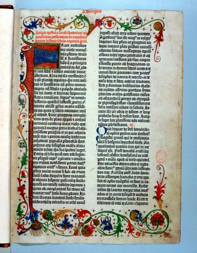 グーテンベルク聖書のページ、1455 作： Johannes Gutenberg
